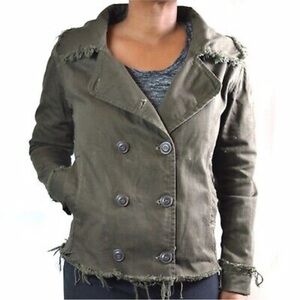 NSF Double Breasted Cotton Jacket Cotton Frayed Hem Sz Lg Olive Green Steampunk